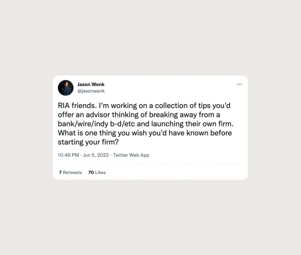 Altruist CEO Jason Wenk's tweet asking for tips from RIAs.