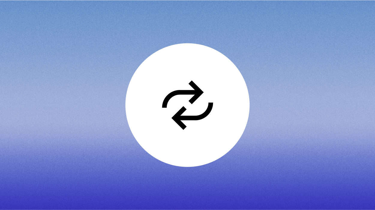 Circle with two curved arrows on blue background.