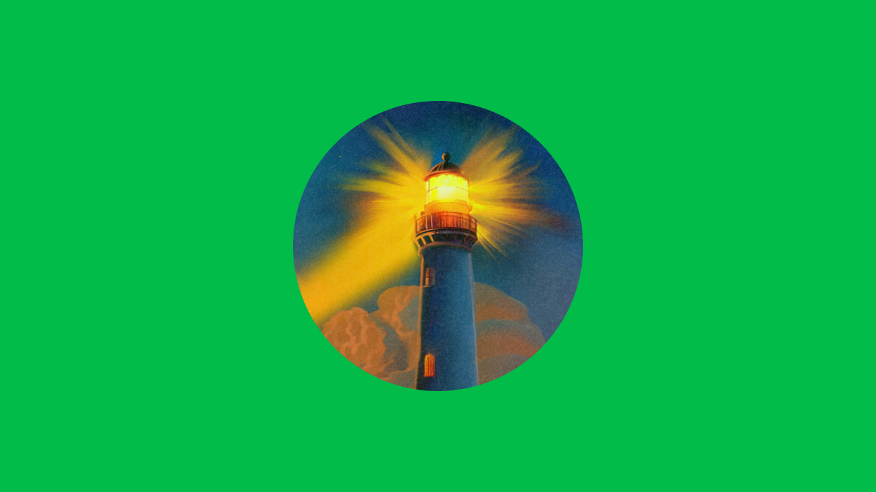 Lighthouse illustration on green background.