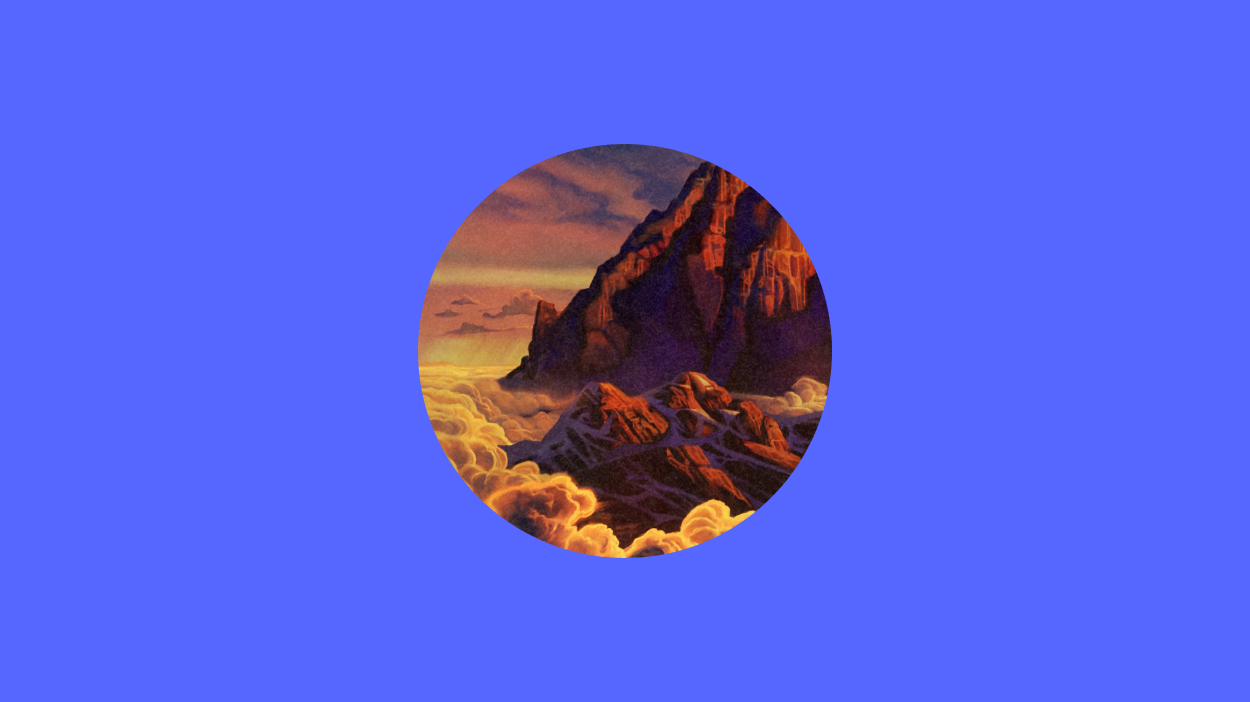 Mountain range in circle on blue background.