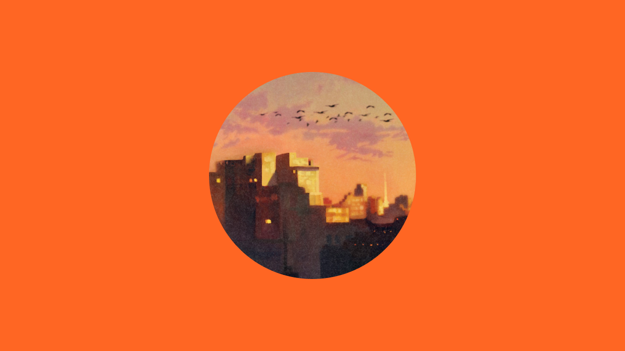 Illustration of a city skyline in a circle on an orange background.