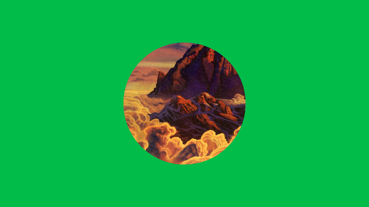 Mountain illustration in a circle on green background.