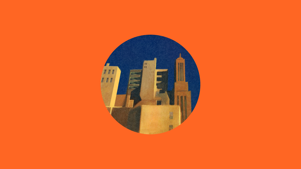 Illustration of city skyline in a circle on orange background.