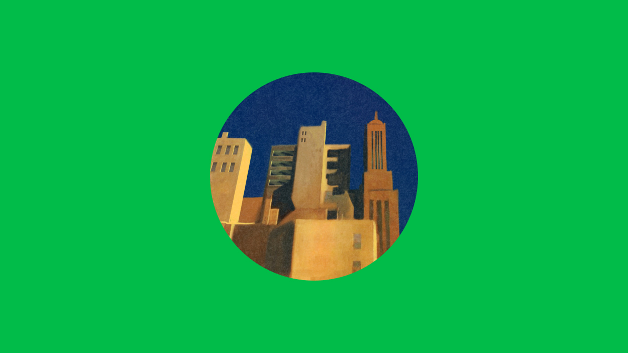 Illustration of building skyline in a circle on a green background.