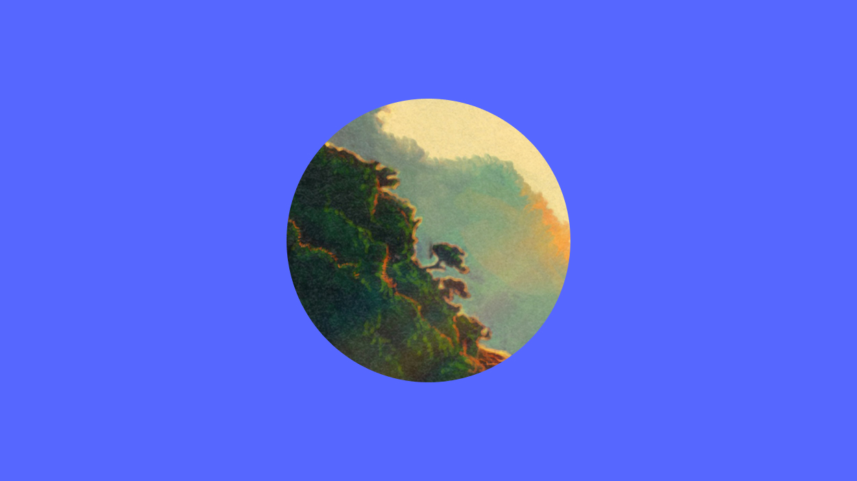 Illustration of mountain side in a circle on a blue background.