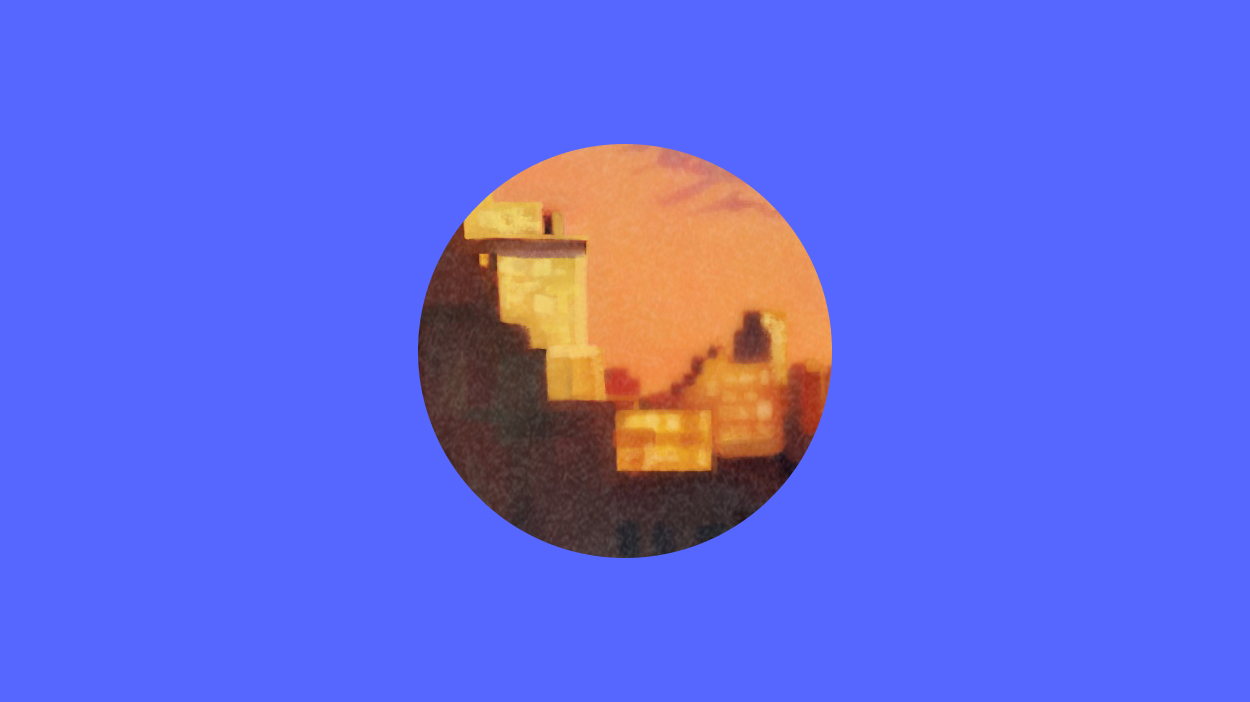 Illustration of city skyline in a circle on a blue background.