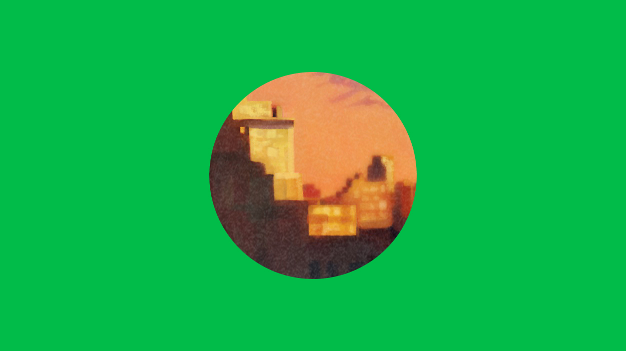 Illustration of town skyline in a circle on a green background.