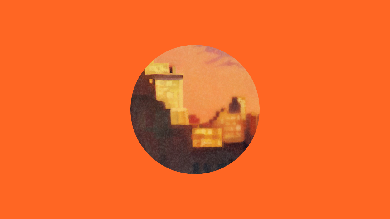 Illustration of town skyline in a circle on an orange background.