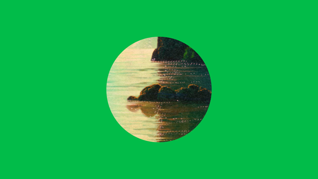 Illustration of rocks in ocean in a circle on a green background.