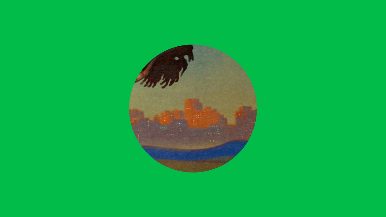 Illustration of mountains in the sky in a circle on a green background.