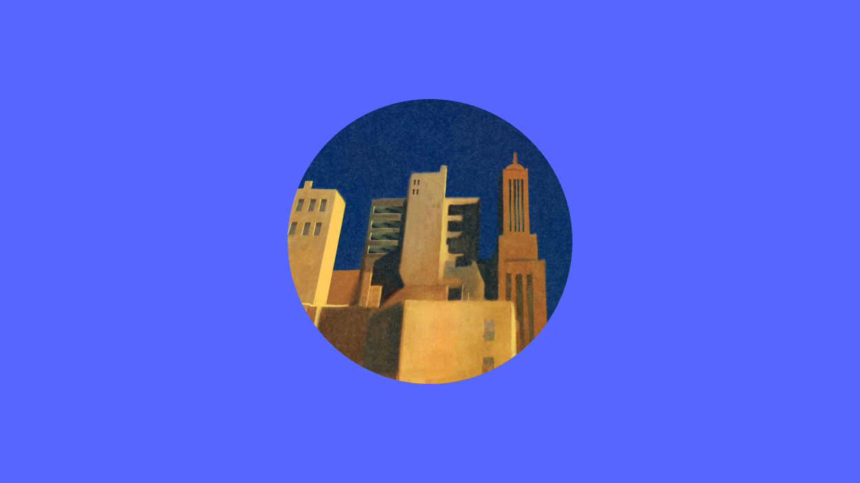 Illustration of city skyline in a circle on a blue background.