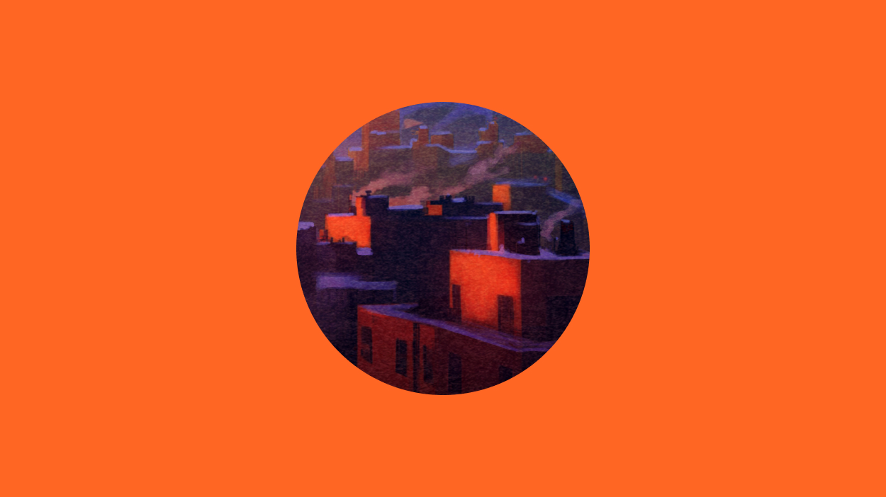 Illustration of town skyline in a circle on an orange background.