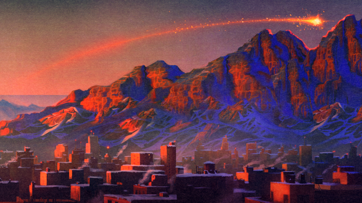 City with shooting star above